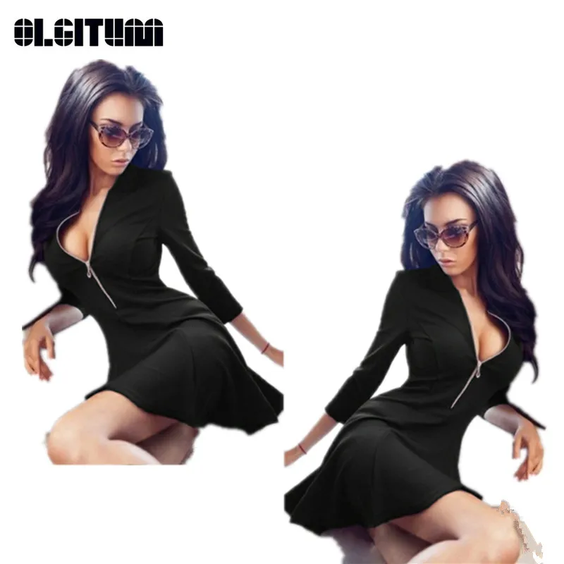 

Summer Sexy Ladies Dresses Solid Pleated V-neck Women Bust Zippers Dress New Fashion Party Beach Dress vestidos DR697