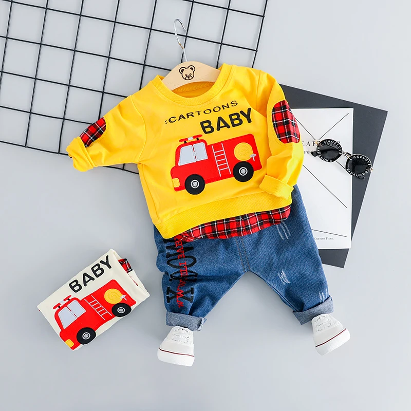 HYLKIDHUOSE/Коллекция года; весенние комплекты одежды для младенцев; комплекты одежды для маленьких девочек и мальчиков; хлопковая Футболка с машинкой; брюки; Повседневный Детский костюм