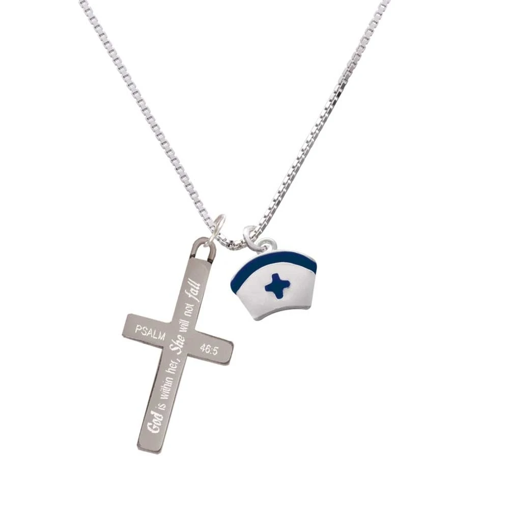 Nurse Hat with Blue Cross - She will not Fall - Cross Necklace