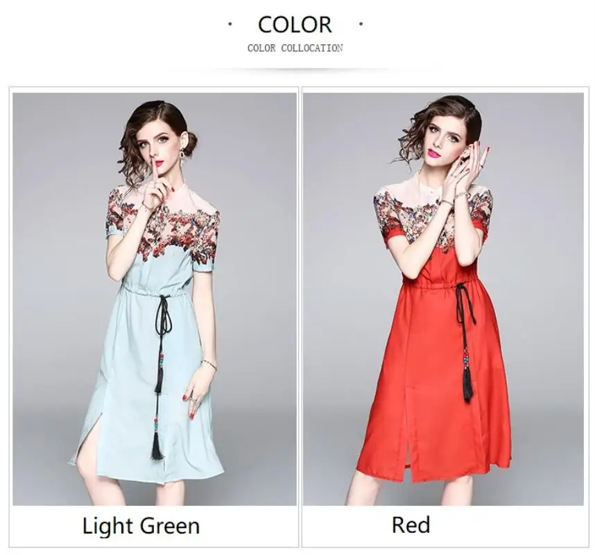 2018 New Autumn European Fashion Print dress Vintage Floral Print Patchwork Short Sleeve Casual Dress With Beaded Belt