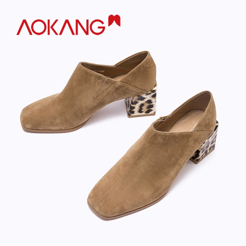 

AOKANG 2019 Fashion Women Pumps genuine Leather leopard High Heels Party Wedding Shoes Woman Square Toe Spring Autumn ankle shoe