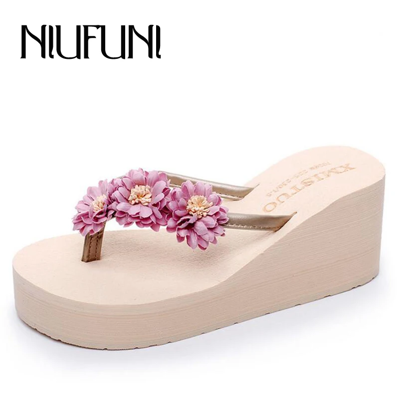 

Summer Ladies Beach Shoes Fashion Platform Flower High Heels Women Slippers Wedges Casual Females Flip Flops
