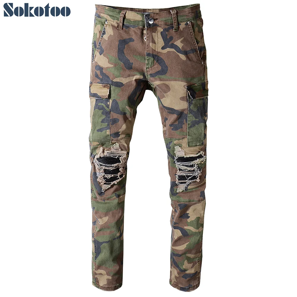  Sokotoo Men's camouflage printed patchwork military biker jeans for moto Slim fit straight army gre