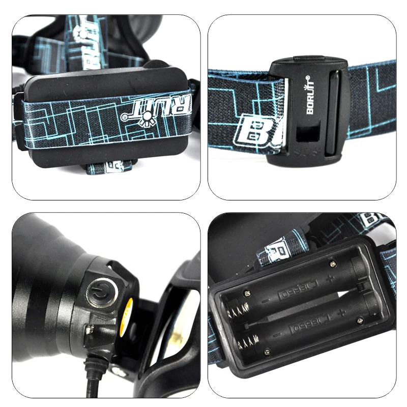 Boruit Rechargeable head lamp high power led flashlights forehead headlamps for hunting headlamp 18650 with USB charger cable (10)