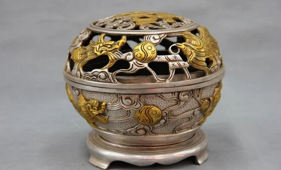 

Collectible bronze lion statue S0154 China White Copper Bronze Silver Fengshui Dragon Phoenix Censer incense burner (B0413)