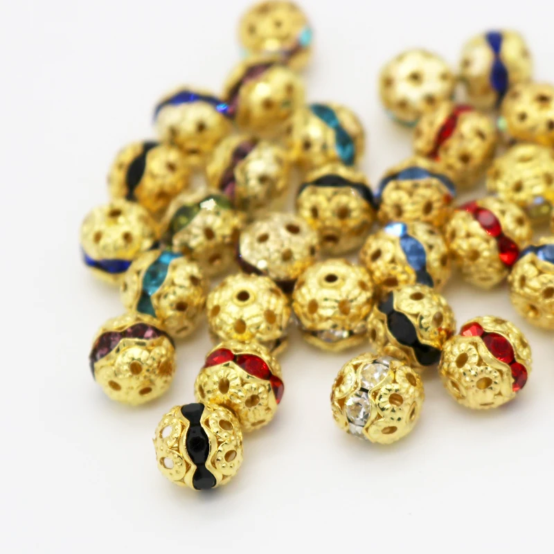 20pcs/lot Gold Color Metal Beads 8mm Crystal Rhinestone Charms Beads