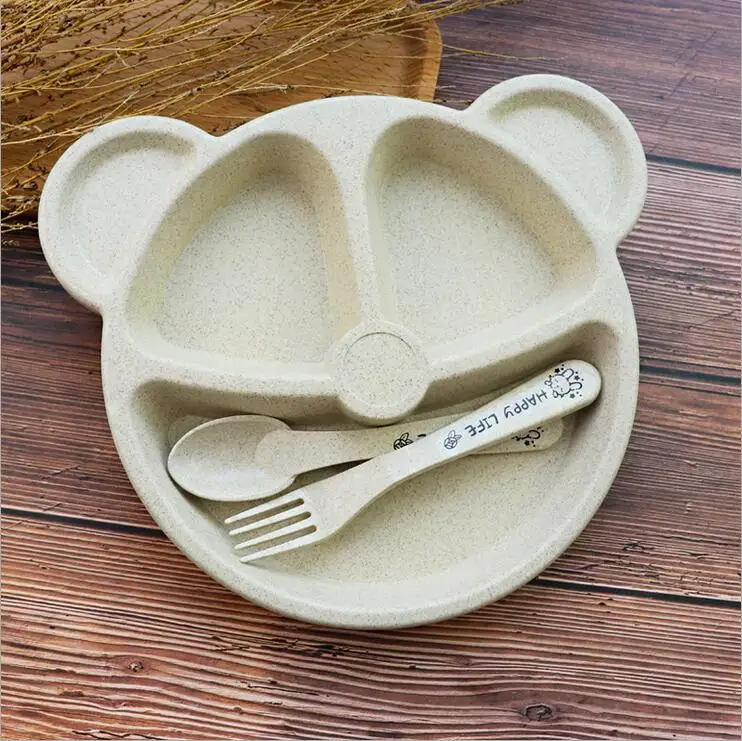 Детская миска для кормления с ложкой и вилкой с изображением медведя, соломенная миска для кормления младенцев, посуда для еды, посуда для студентов - Цвет: Bear Beige