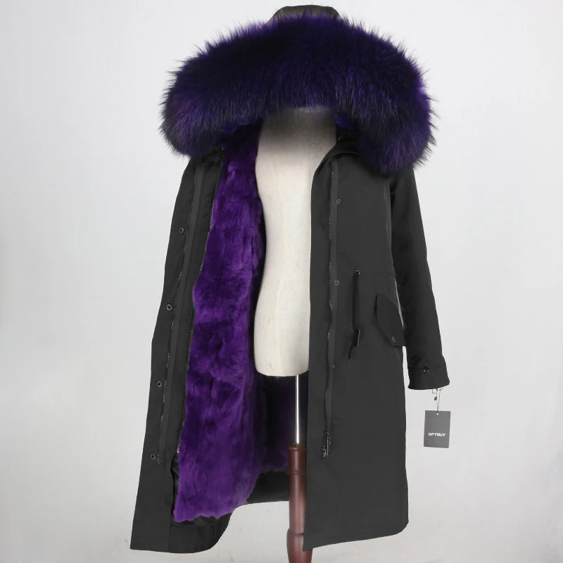 OFTBUY водонепроницаемая верхняя одежда X-long Parka зимняя куртка женская шуба из натурального меха енота капюшон Подкладка из натурального кроличьего меха