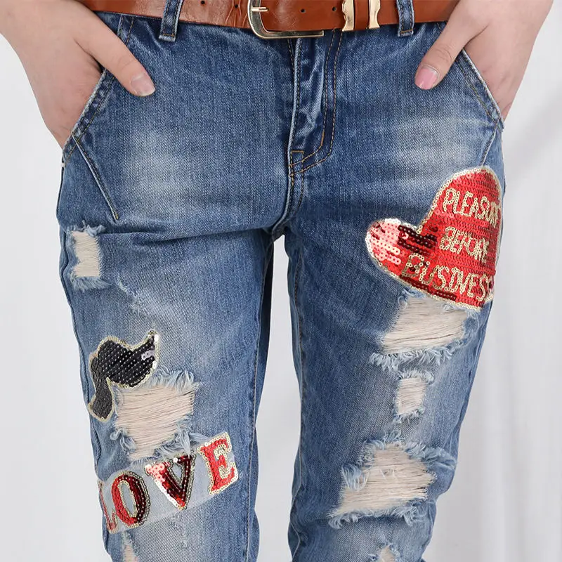

Sexy 2019 Jeans Skinny Spandex Mid Waist Haren Pants Embroidery Hole Ankle-Length Casual Pocket Cargo Lady Denim Mom Trousers