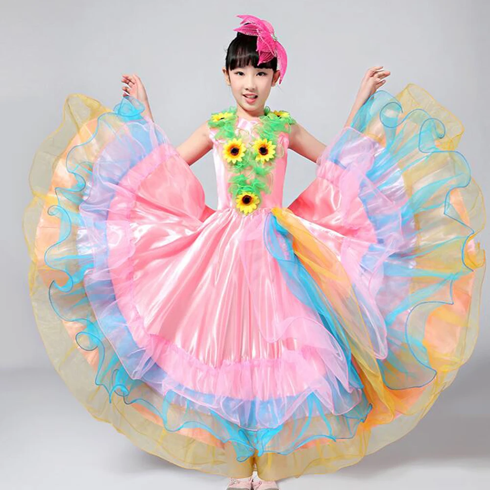 Детские костюмы для испанских танцоров, сексуальное платье для фламенко, костюмы для девочек, одежда для выступлений с цветами, костюмы для бальных танцев, 360 градусов
