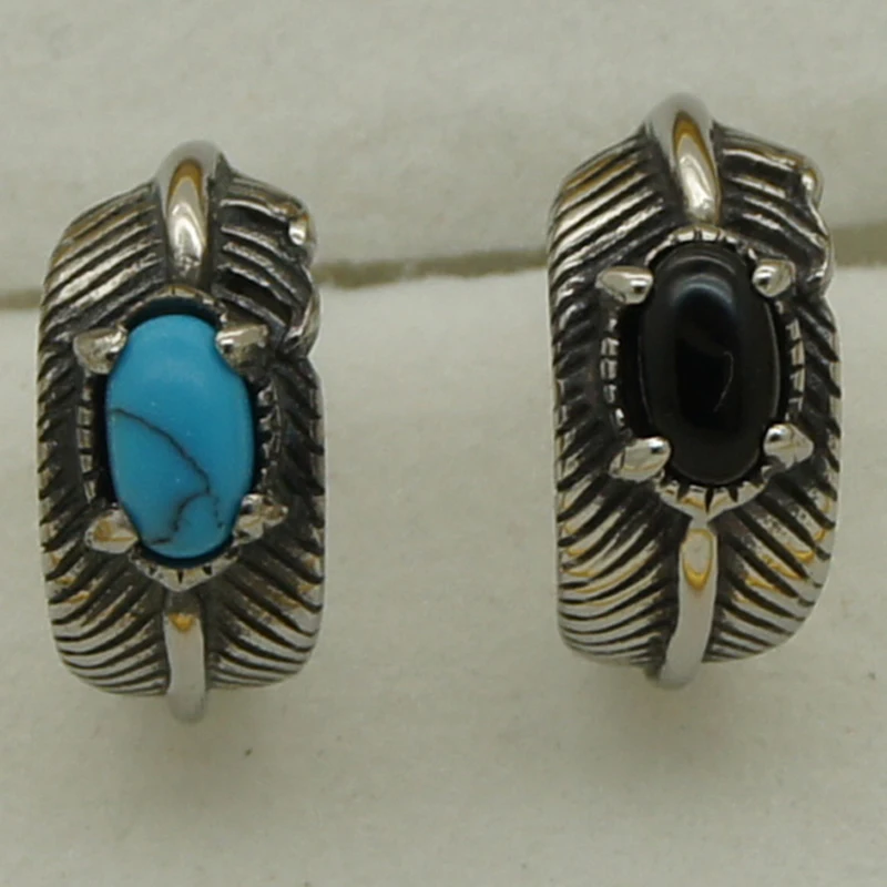 

stylish natural blue/black stone feather 316L stainless steel earring stud