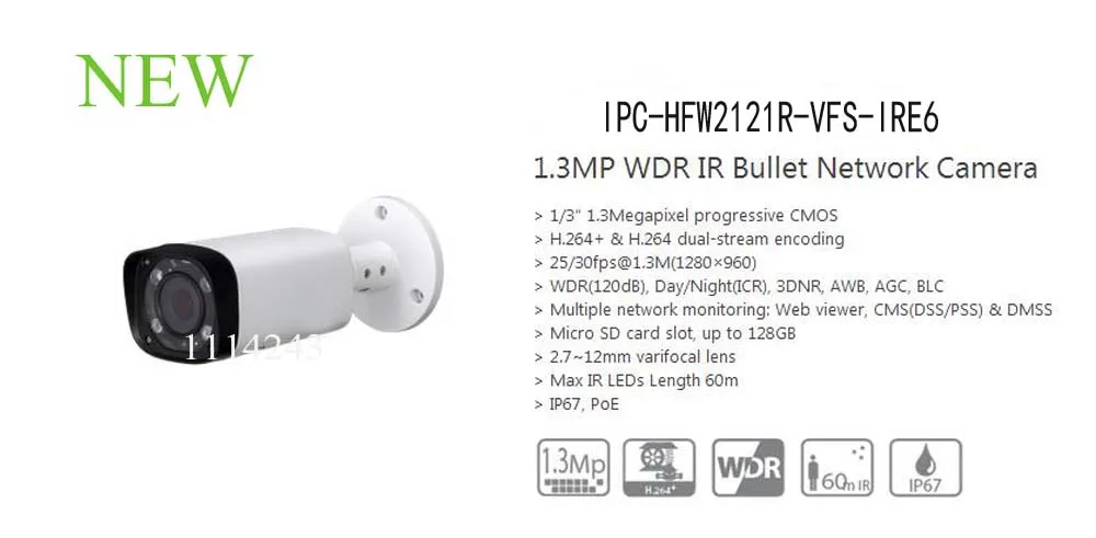 

Free Shipping DAHUA IP Camera CCTV 1.3MP WDR IR Bullet Network Camera IP67 with POE Without Logo IPC-HFW2121R-VFS-IRE6
