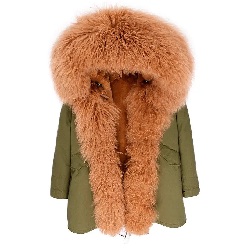 Новая женская одежда, пальто с натуральным мехом, длинная парка, зимняя куртка, повседневная куртка с воротником из натурального меха монгольской овцы, Толстая теплая уличная одежда с капюшоном - Цвет: green brown