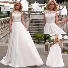 Изящное шифоновое свадебное платье трапециевидной формы с вырезом лодочкой и кружевными аппликациями, свадебное платье с пуговицами