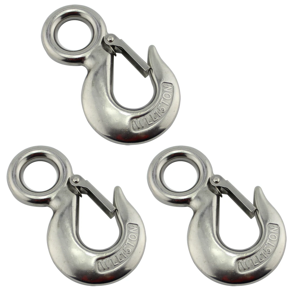 Stainless Eye Snap Latched Hoist Crane Hook with Safety Load Limit of 1.5 Tons Heavy Duty Marine 320A Hoist Crane Hook 3pcs