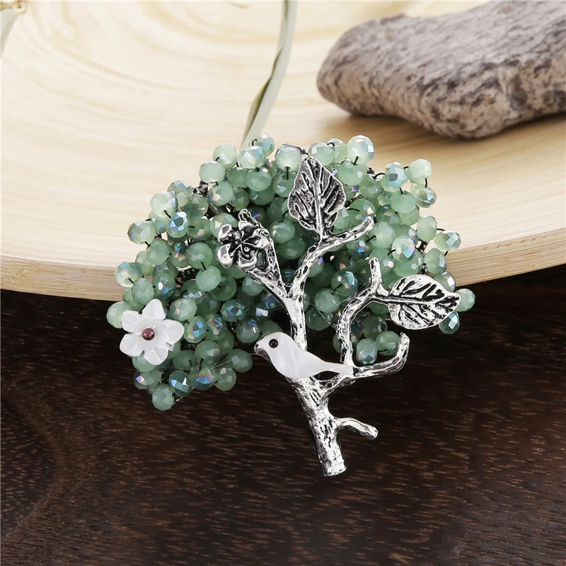 

Crystal Beads Flower Tree Pins and Brooches for Women Natural Shell Bird Brooch Antique Silver Plated Green and Blue Pin Jewelry