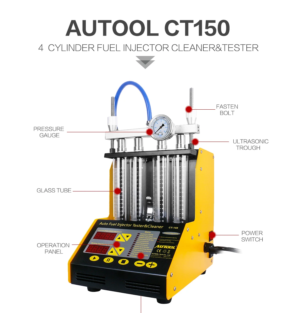 AUTOOL CT150 Fuel Injector Cleaning Machine Testers 4 Cylinder Ultrasonic  Common Rail Injector Tester Repair Kit Cleaner Tool