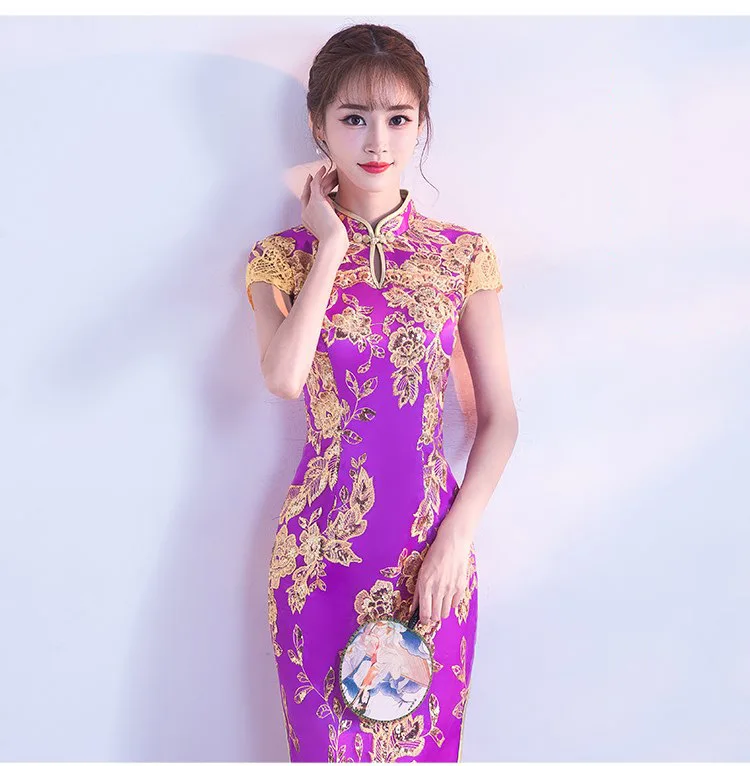 Китайская традиционная вышивка платье с блестками Китай свадебное Qipao длинное вечернее платье Чонсам Qi Pao восточные платья Chinoise - Цвет: purple