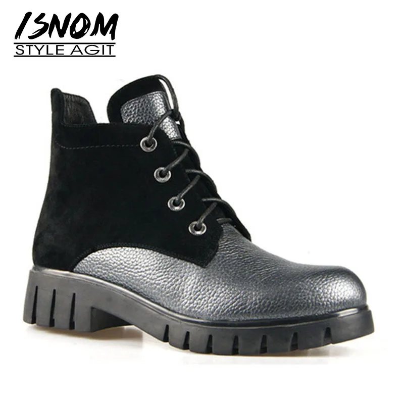 

ISNOM Thick Heels Women Boots Round Toe Fur Wool Liner Footwear Warm Female Army Leather Boot Platform Shoes Woman 2018 New