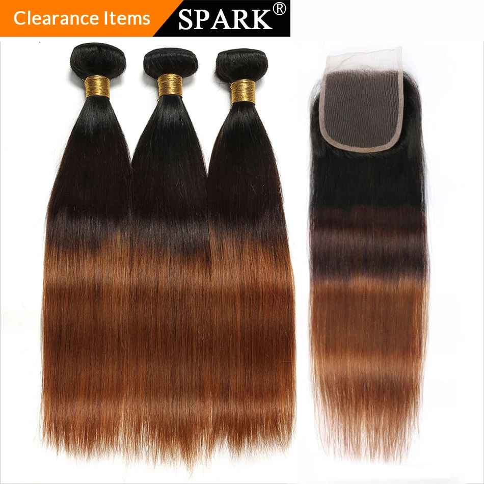 preço Faísca Ombre Feixes de Cabelo Humano Em Linha Reta com Fechamento T1B 4 30 3 Brasileiro Remy Cabelo Weave Pacotes com fechamento de renda Parte Livre