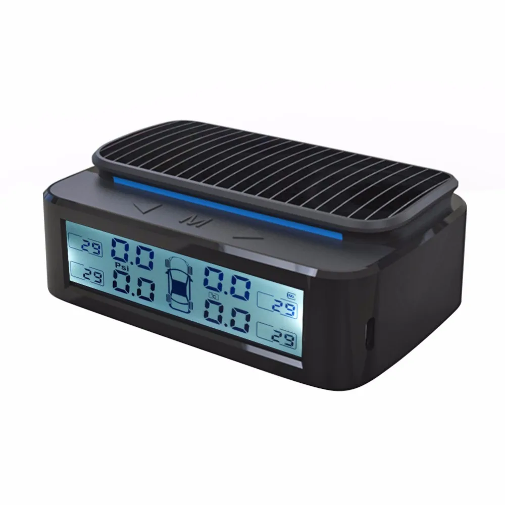 

Solar TPMS Car Tire Pressure Alarm Monitor System Display 4 Internal / External Sensor Temperature Warning Color LCD Display