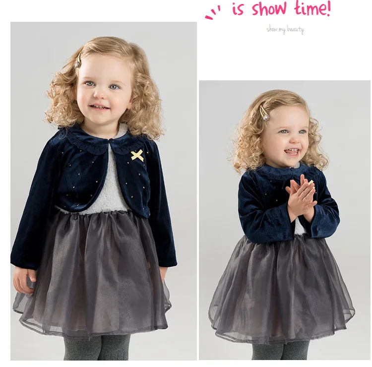 Dave bella/осенние комплекты одежды для маленьких девочек, платье детское платье для дня рождения детское темно-синее/серое платье DB8896