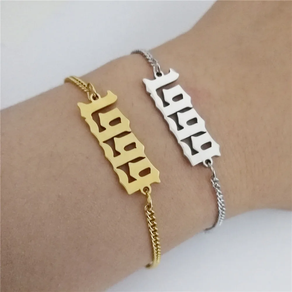 

Special Date Year Number Bracelet for 90S Baby Personalized Old English Number Bracelets for Women Custom Jewelry 1991 to 1999