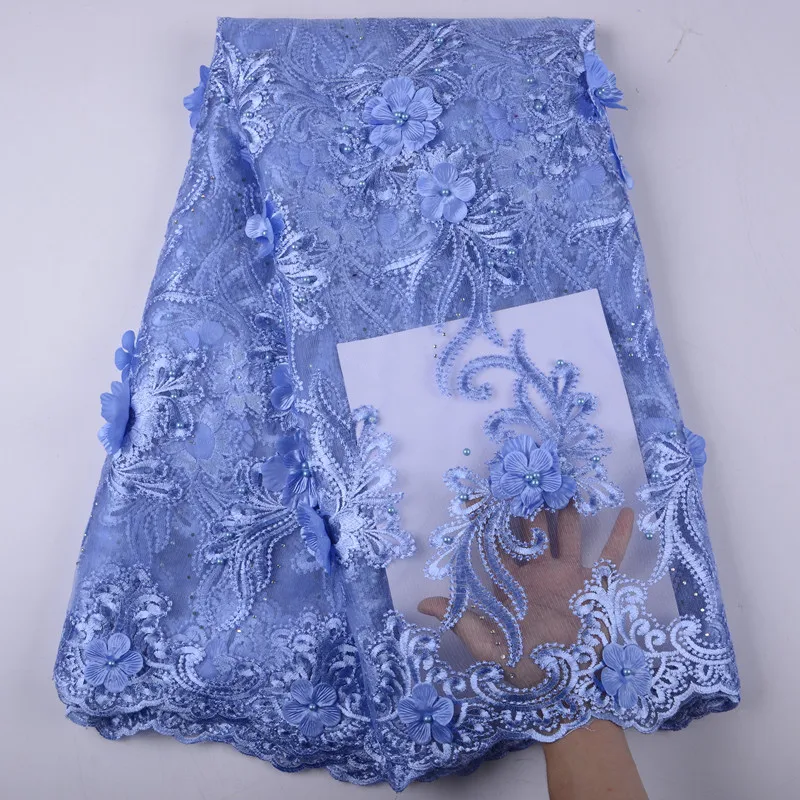 2019 Sky Blue Embroidery Mesh Tulle Lace Fabric 3D Flower Beaded African Fabrics Wholesale For Wedding Party Dress S1445 | Дом и сад