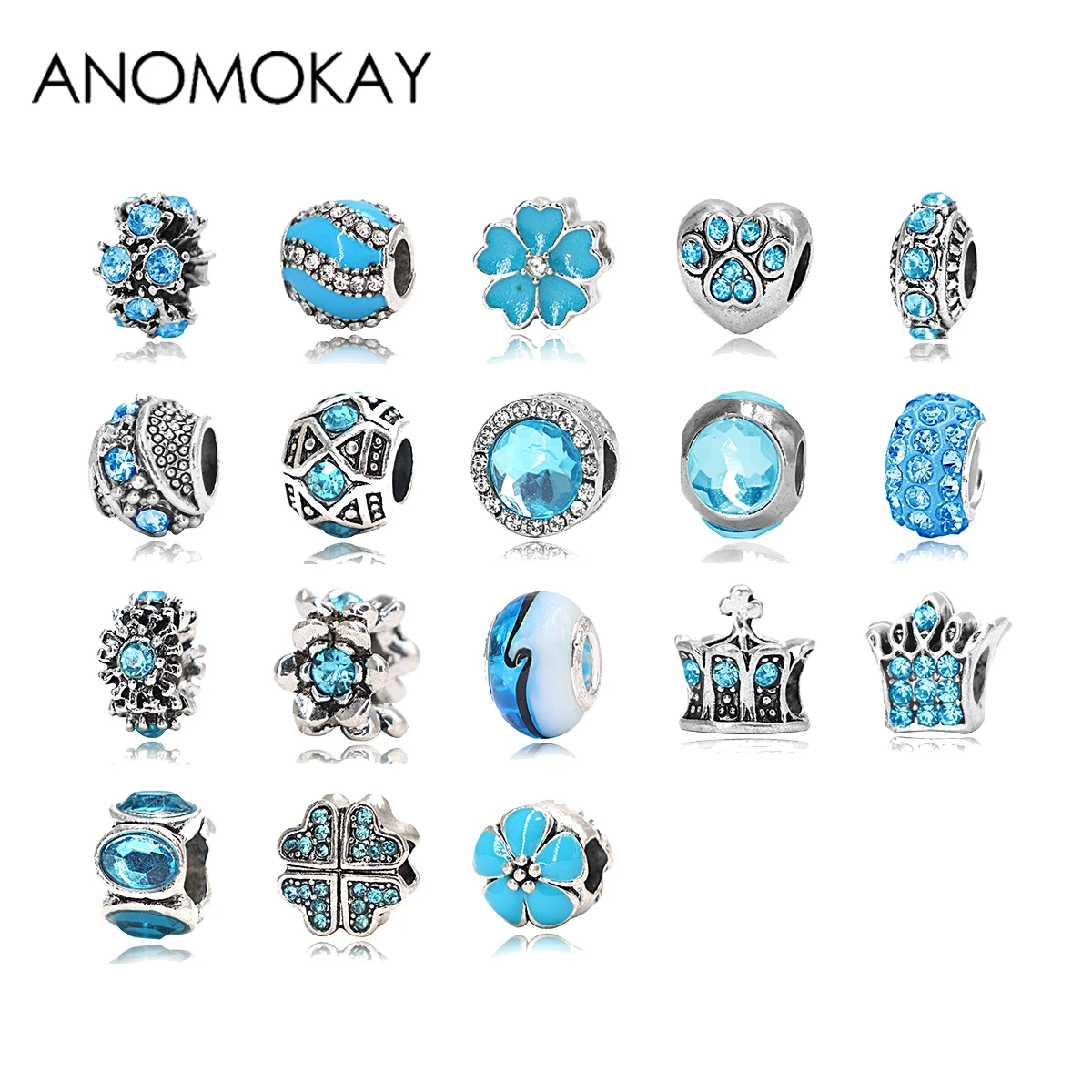 

ANOMOKAY 2PCS/LOT Blue Bead Charm fit Pandora Bracelet Flower Crown Heart Crystal Charm for DIY Jewelry Marking Gift