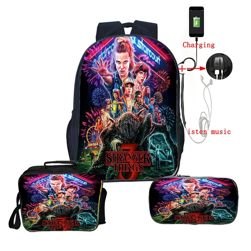 

3pcs/set Stranger Things 3 Backpack Back to School Backpack gift Children Boys Girls USB Charge Backpack+lunchBag+pencilCase