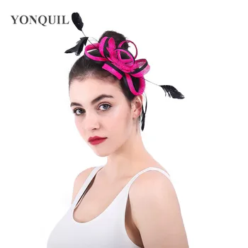 

ladies Feather Sinamay Hat Fascinator with Hair combs Accessories Women hot pink Headband Wedding Bride occasion Party Headdress