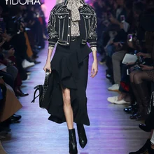 Подиум Новая женская черная куртка с искусственным жемчугом и стразами украшенная аппликация-Женские Длинные рукава с отворотами куртка топ