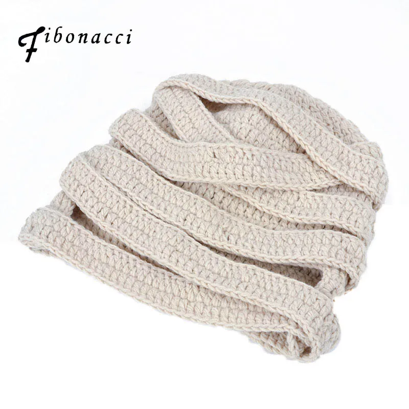 

Autumn Winter Mummy Beanies Handmade Knitted Patchwork Hat Skullies Hats For Women Men Funny Halloween Caps