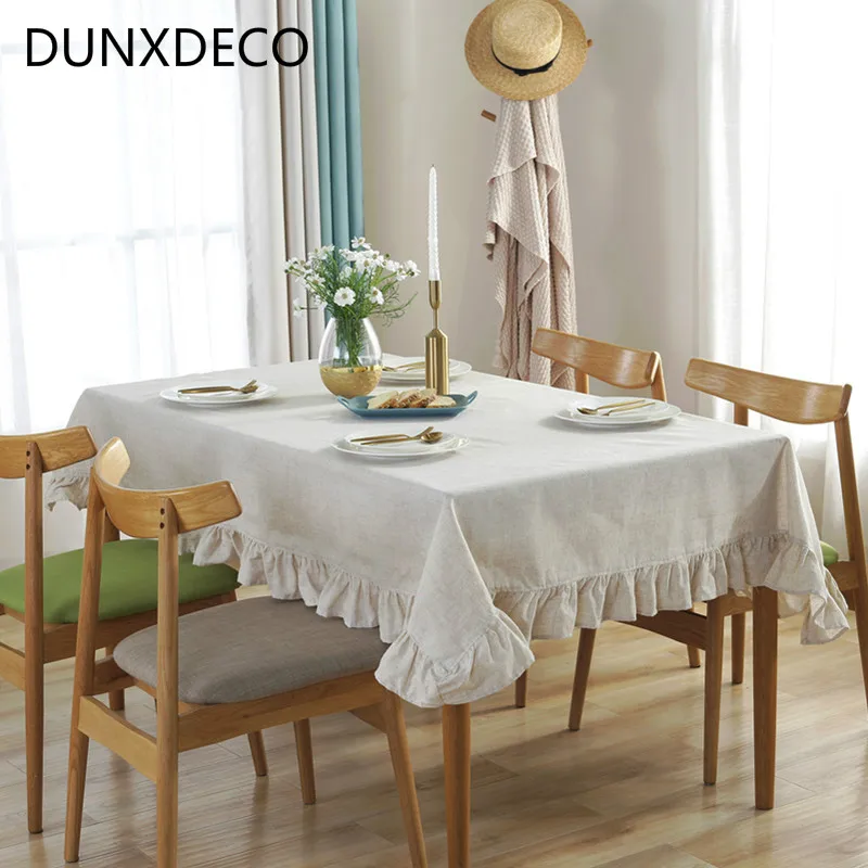 

DUNXDECO Tablecloth Long Table Party Fabric Mat Vintage Simple Plain Romantic French Flouncing Mesa Cover Textile Home Store Dec