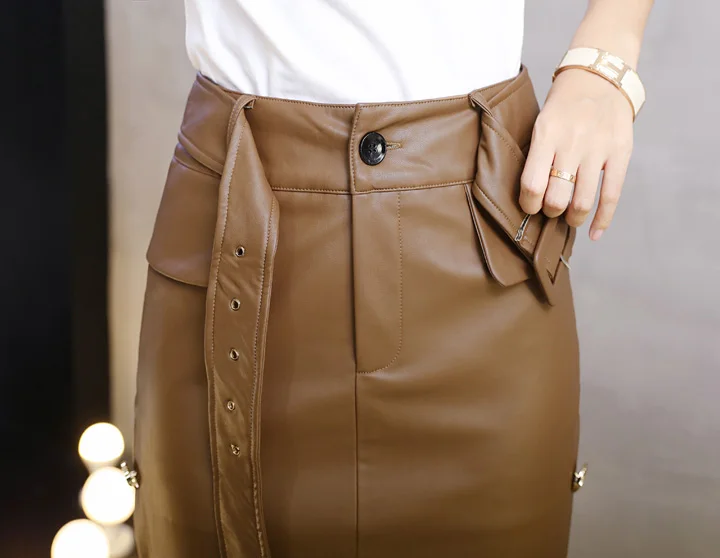 Женская юбка из искусственной кожи черная юбка из искусственной кожи осень зима боковая пуговица средней длины юбка-карандаш с поясом 2319LY