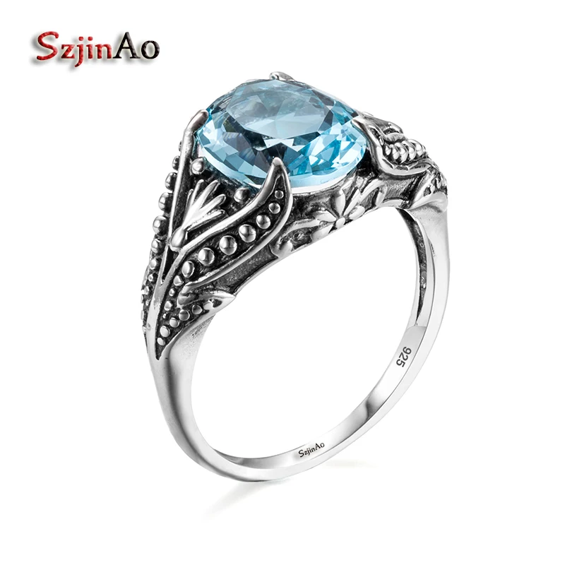 

Szjinao Fashion 925 Sterling Silver Graduates Rings Roman Restoring Ancient Ways Fine Carving Aquamarine Finger Rings