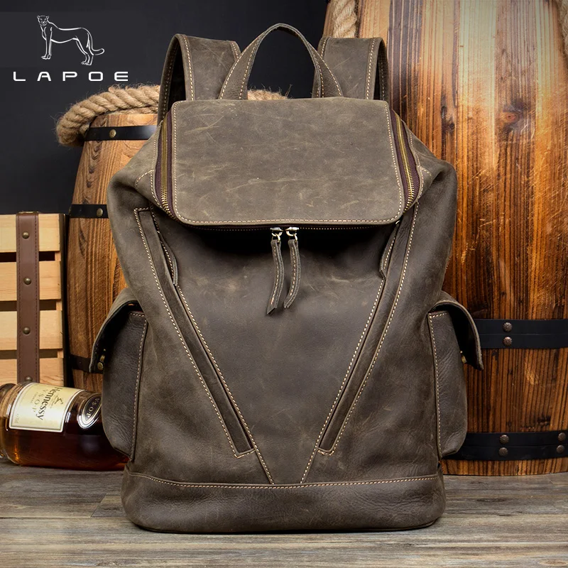 LAPOE large capacity vintage crazy horse genuine leather backpack men