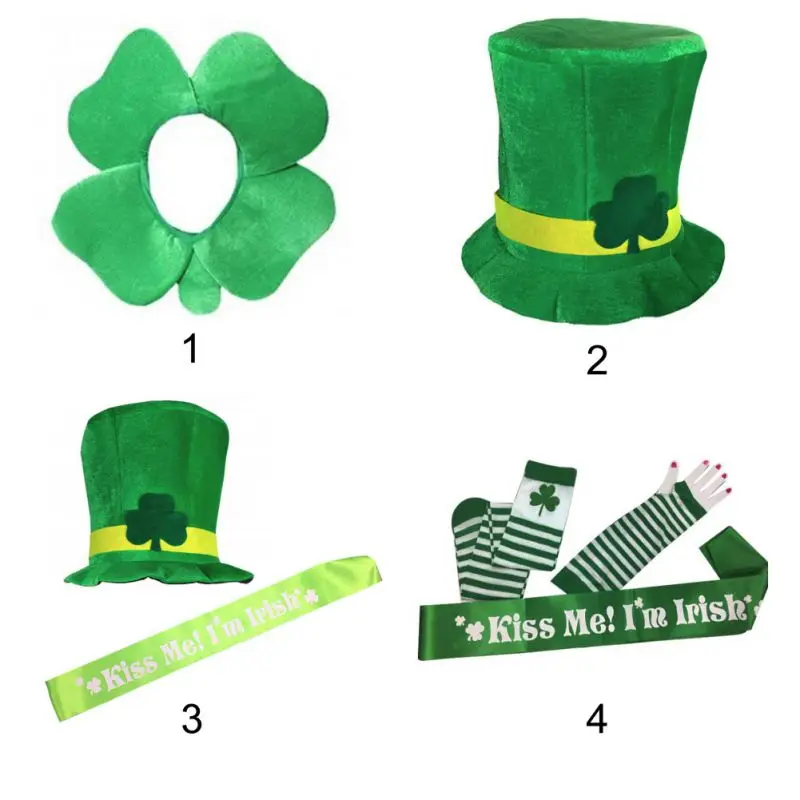 Ирландский Трилистник Кепка-дымоход зеленый бархатный топ шляпа День Святого Патрика праздничный костюм Лепрекон шляпа/рукав+ носки+ лямки