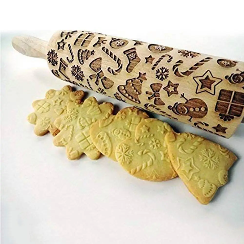 Pawaca Christmas Embossing Rolling Pin Baking Cookies Noodle Biscuit