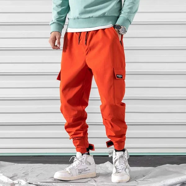 Мужские брюки карго с несколькими карманами, однотонные, с эластичной талией, в стиле хип-хоп, мужские, s, для бега,, Осенние уличные брюки, Techwear, тактические брюки - Цвет: Оранжевый