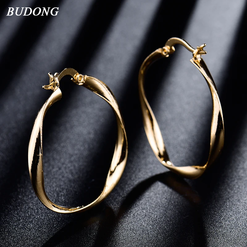 BUDONG серебряные/Золотые модные круглые большие серьги-кольца для женщин 2 цвета витой формы Винтажные Ювелирные изделия XUE413