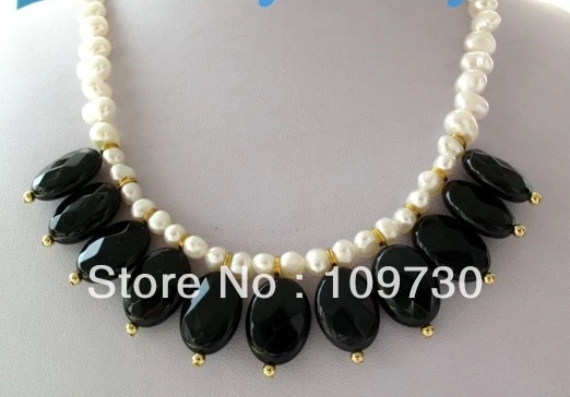 

Jewelry 002305 Natural White Nugget Baroque Pearl&Faceted Oval Onyx Necklace 18