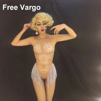 

Silver Tassel Women Sexy Bodysuit Sparkling Crystals Costume Nightclub Singer Dancer DJ Stagewear Jumpsuit Outfit