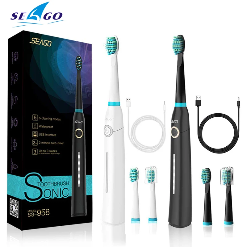 

Seago 958 Automatic Sonic Electric Toothrbush with 3 Brush Heads USB Charging 5 Modes 40000 Times Vibration/Min IPX7 Waterproof