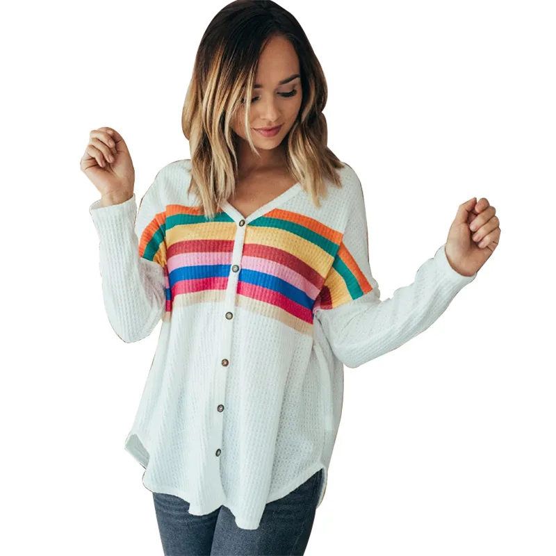 Knitted Print Rainbow Sweater Women 2018 Autumn Winter Fashion Striped Cardigan Female White V Neck Jumper Outerwear |