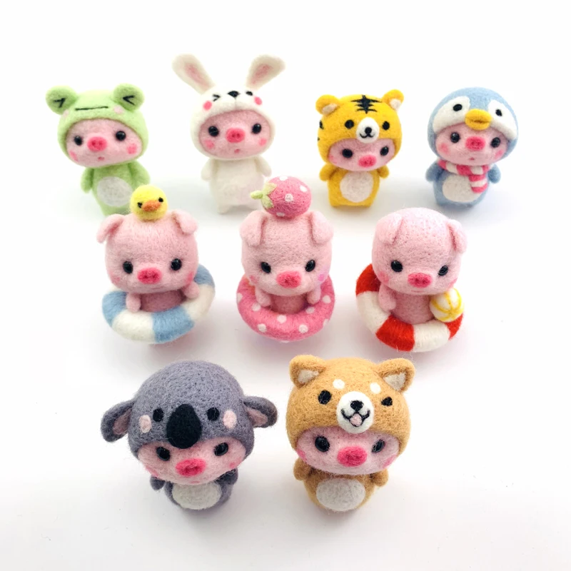 Non-Finished Felt Kids Creative Lovely Pink Pig Handmade Toy Doll Wool Felt Poked Kitting Non-Finished DIY Wool Felting Package