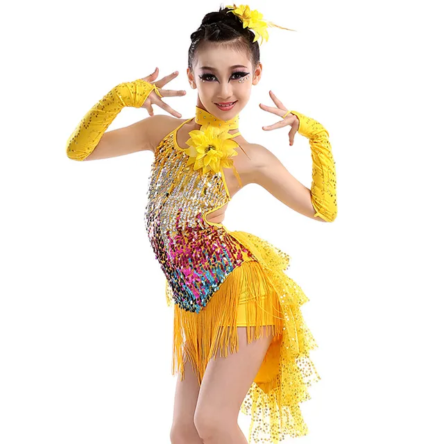 Robe De Danse Latine Enfant - Paillettes Et Franges - Sans Manches - Réglable - Pour Salsa, Tango, Compétition - Taille 3-10 Ans