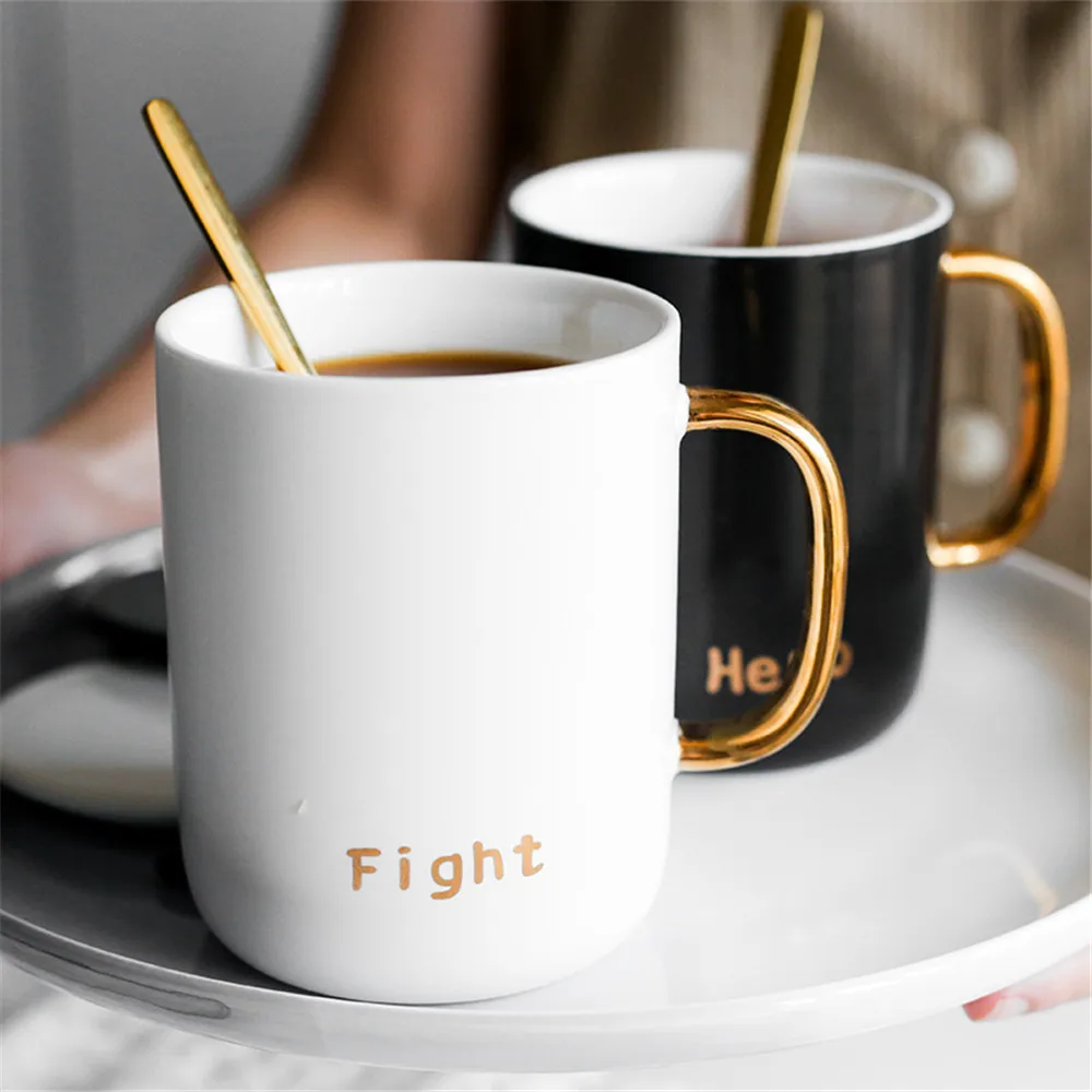 

Ceramic Mug Black White With Spoon Lid Office Home Coffee Milk Breakfast Porcelain Mugs Luxury Couple Gift Wedding Decoration