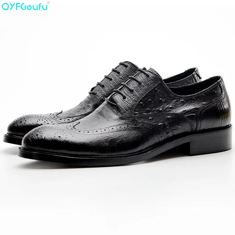 

Ostrich Pattern Genuine Cow Leather Brogues Shoe Men High Quality Oxfords Dress Shoes Black Brown Lace-up Retro Shoe