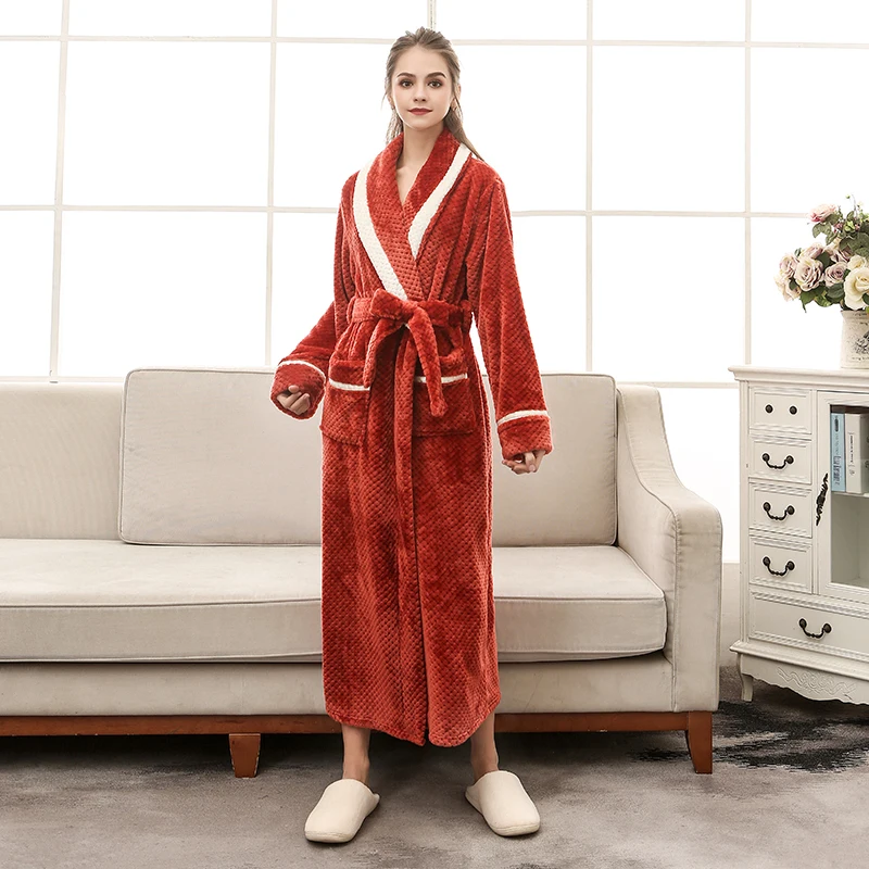 Зимний халат для пары, Женский комплект, красный фланелевый Халат в пол с длинным рукавом, теплый плотный халат, женский халат для сна, XL, XXXL - Цвет: Red coffee girls
